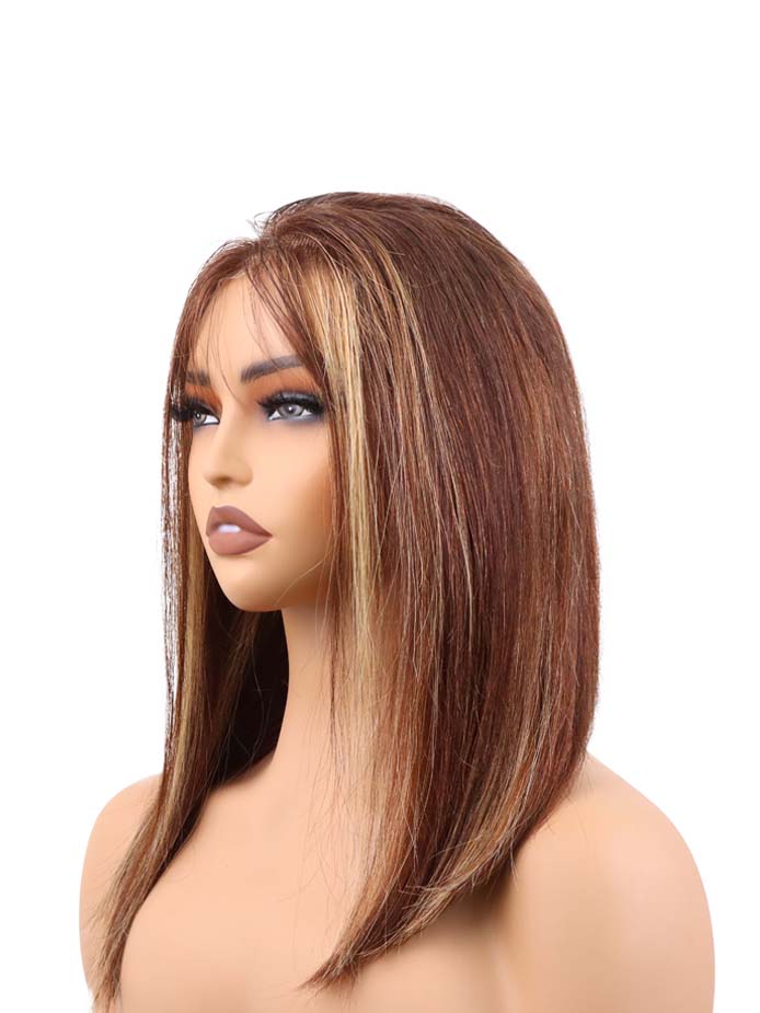 BIG G Hair 12 Inch, Short Piano Brown Color #4/27 Straight Vietnamese Human Hair HD Lace Closure Wigs