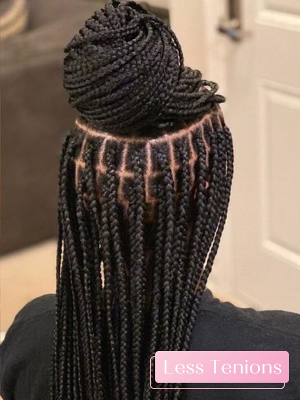 Traditional box braids begin by wrapping extension hair around the natural hair.